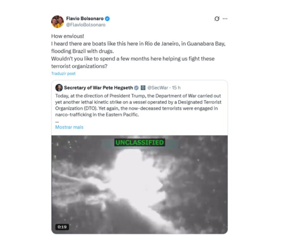 Flávio Bolsonaro sugere que os Estados Unidos ataquem embarcações brasileiras