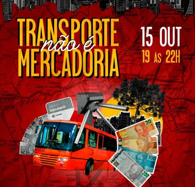 A foto mostra uma arte com um ônibus vermelho e notas de dinheiro. Também está escrito "Transporte não é mercadoria".